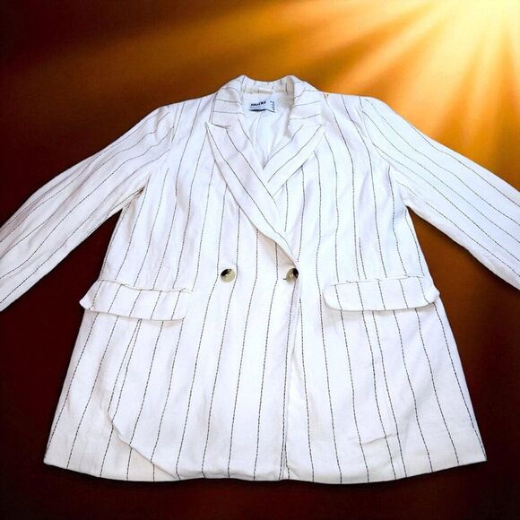 White black stripes linen blend long blazer suit jacket - Picture 1 of 7